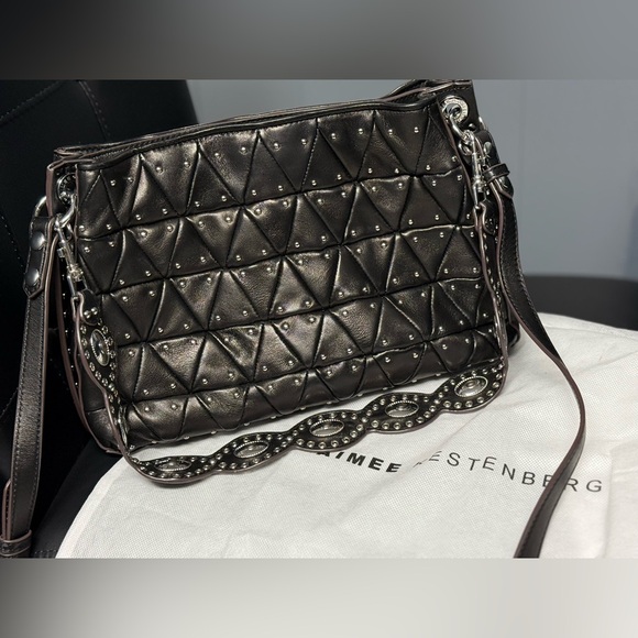 Aimee Kestenberg Roma Leather Double Entry Shoulder Bag Black Geo Studs Silver - Picture 3 of 13